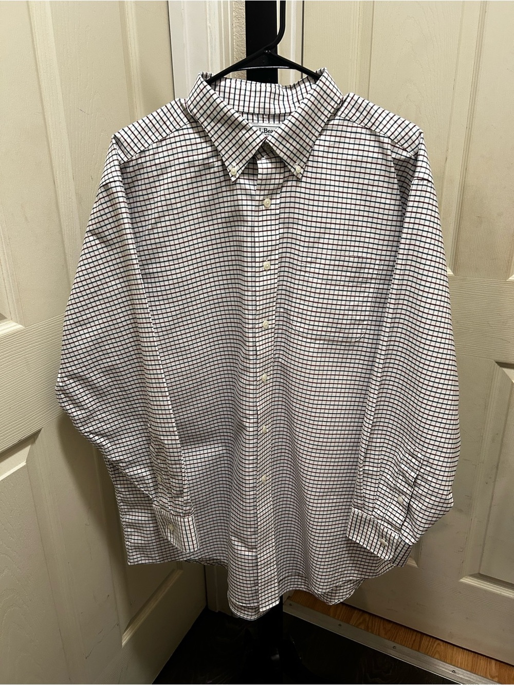 L.L. Bean long-sleeve tattersall check button-down shirt.